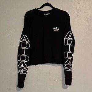 Adidas Women's Black Cropped Sweatshirt with White Bold Sleeve Logo